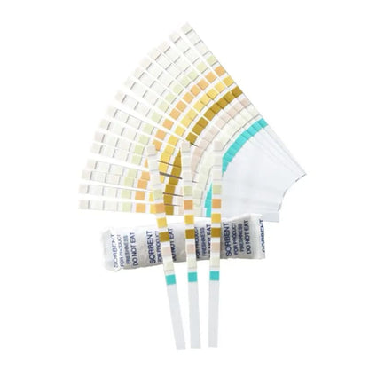 Pack of 100 URS-10T urinalysis reagent strips by 9eight5, designed for multi-parameter health testing and analysis.