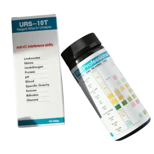 Set of 100 URS-10T urinalysis reagent strips by 9eight5 for testing 10 health parameters, used in medical diagnostic tools.