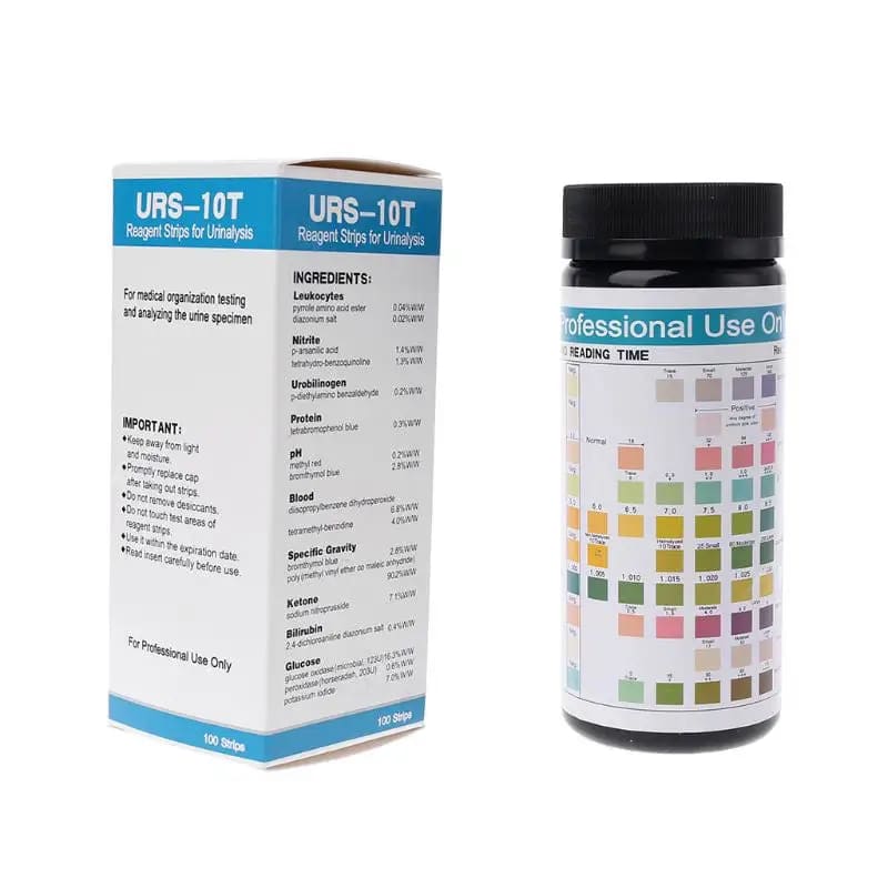 Pack of 100 URS-10T urinalysis reagent strips by 9eight5 for testing 10 health parameters, used in medical diagnostic tools.