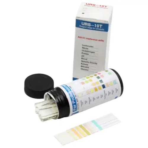 Pack of 100 URS-10T urinalysis reagent strips by 9eight5, designed for multi-parameter urine testing in medical diagnostics.