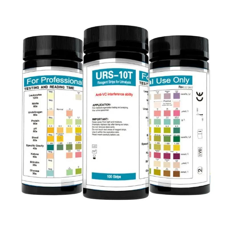 Pack of 100 URS-10T Urinalysis Reagent Strips by 9eight5 for testing 10 health parameters, used in medical diagnostic tools.