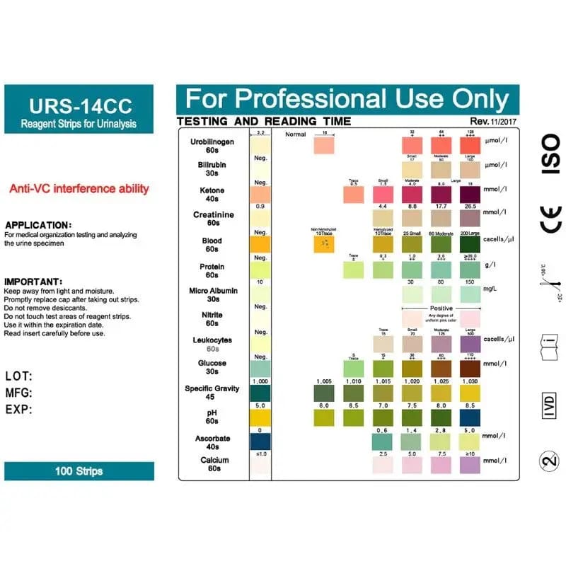 100 URS-14T Urinalysis Reagent Strips by 9eight5 for testing 14 parameters, shown in a close-up image of the reagent strips.