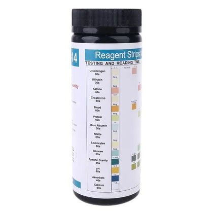 100 URS-14T Urinalysis reagent strips by 9eight5 for testing 14 health parameters, shown in a row on a white background.