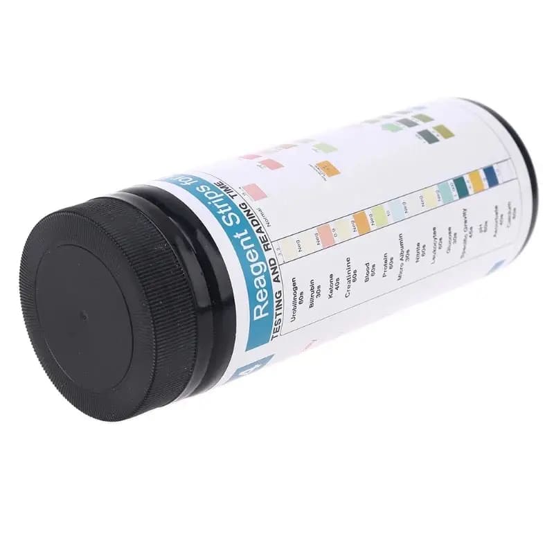 Pack of 100 URS-14T urinalysis reagent strips by 9eight5 showing strips with color-coded parameter indicators.