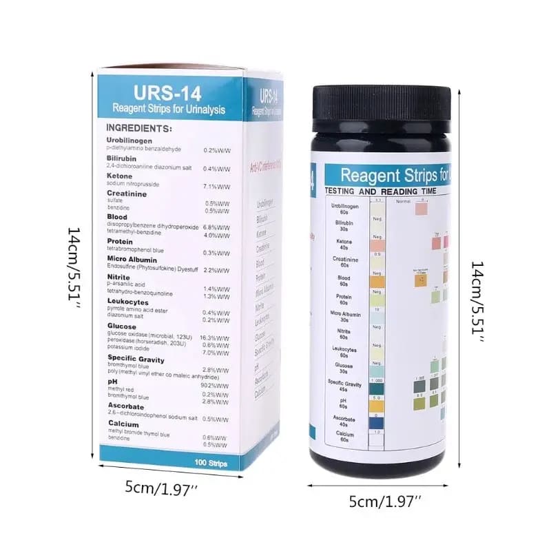 100 URS-14T urinalysis reagent strips by 9eight5, showing a close-up of test strips with 14 parameter indicators.