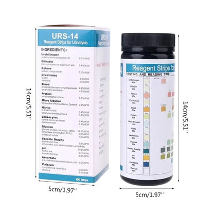 100 URS-14T urinalysis reagent strips by 9eight5, showing a close-up of test strips with 14 parameter indicators.