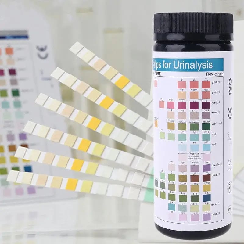 A box of 100 URS-14T Urinalysis Reagent Strips by 9eight5, designed for multi-parameter urinalysis testing.
