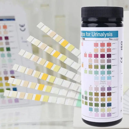 A box of 100 URS-14T Urinalysis Reagent Strips by 9eight5, designed for multi-parameter urinalysis testing.