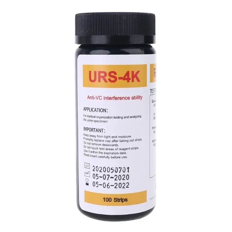 Pack of 100 URS-4K urinalysis reagent strips by 9eight5 showing multi-parameter testing strips for urine analysis.
