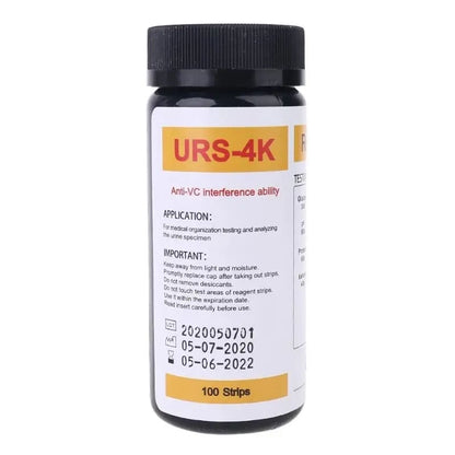 Pack of 100 URS-4K urinalysis reagent strips by 9eight5 showing multi-parameter testing strips for urine analysis.