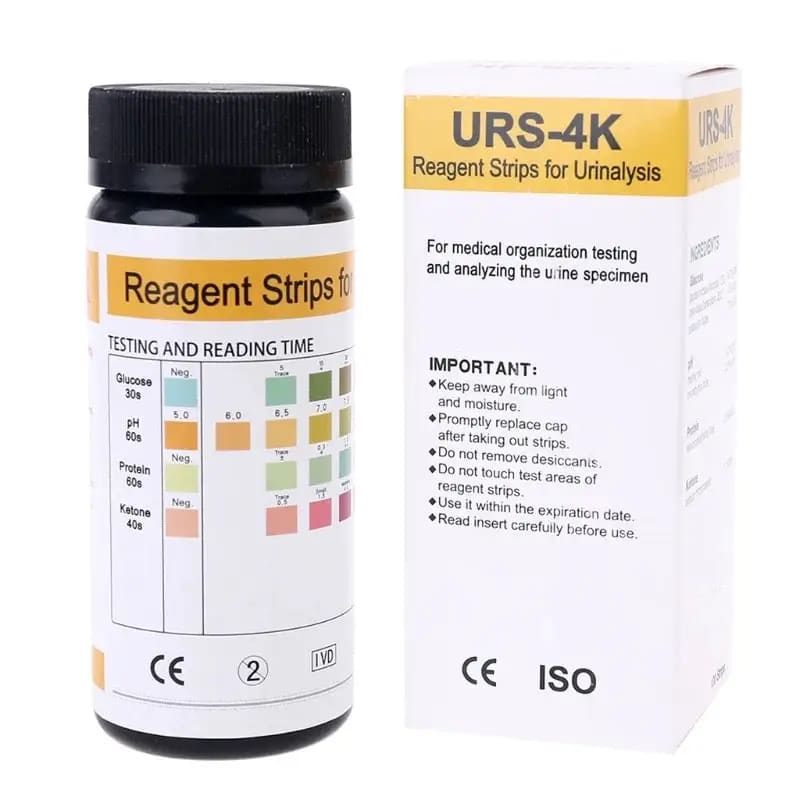 Pack of 100 URS-4K urinalysis reagent strips by 9eight5 showing multi-parameter testing strips for medical analysis.