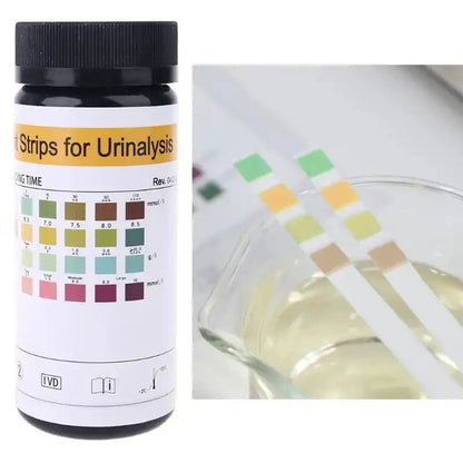 Pack of 100 URS-4K urinalysis reagent strips by 9eight5, showing multi-parameter testing strips for health analysis.