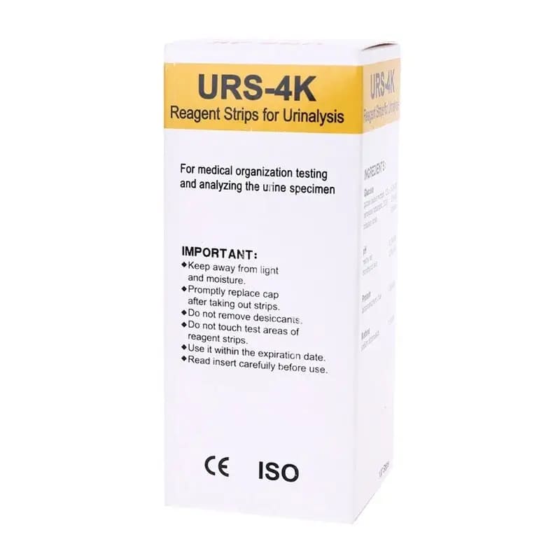 Pack of 100 URS-4K urinalysis reagent strips by 9eight5, designed for testing four parameters in diagnostic tools and kits.