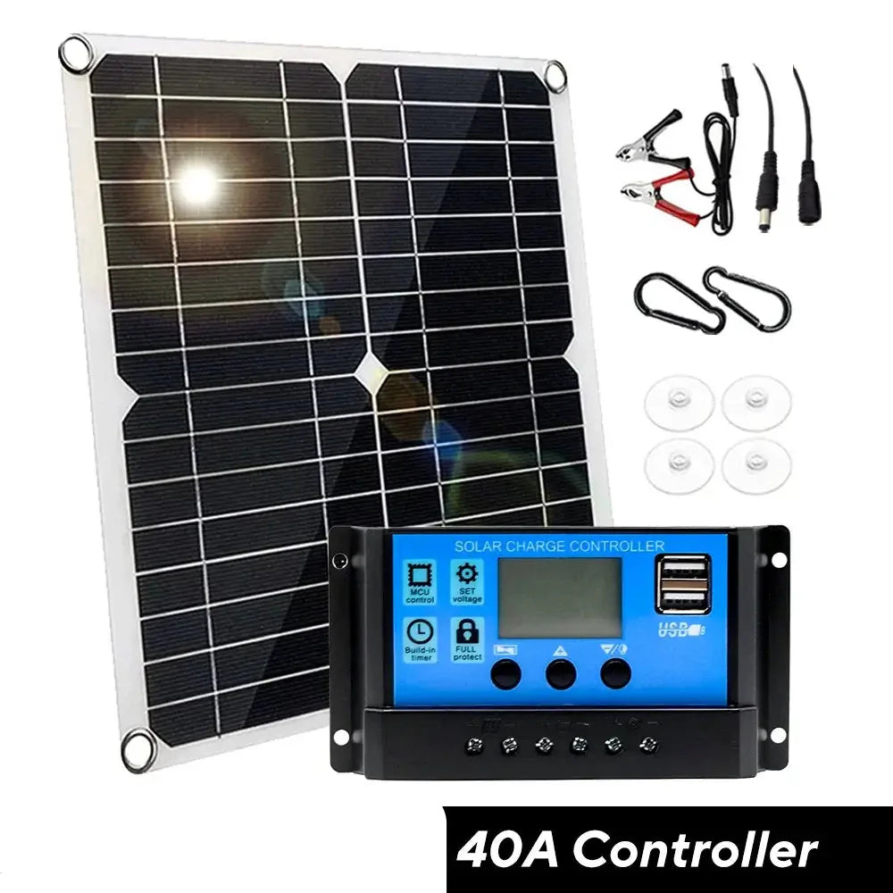 Habicare 100W 12V solar panel kit with controller for RVs, caravans, and homes, shown installed outdoors with cables and mounting hardware.