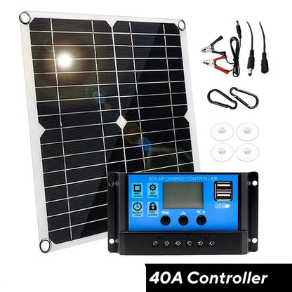 Habicare 100W 12V solar panel kit with controller for RVs, caravans, and homes, shown installed outdoors with cables and mounting hardware.