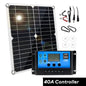 Habicare 100W 12V solar panel kit with controller for RVs, caravans, and homes, shown installed outdoors with cables and mounting hardware.