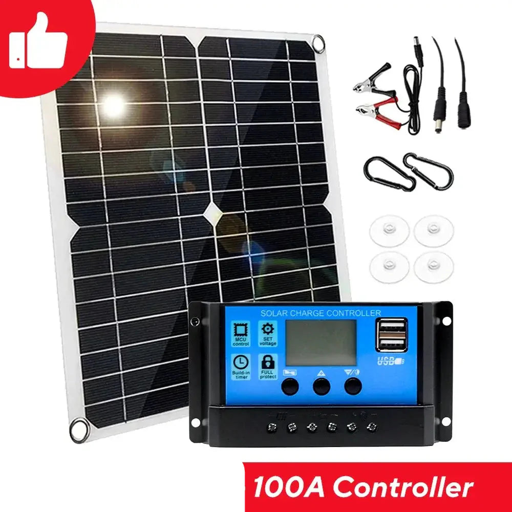 Habicare 100W 12V solar panel kit with controller for RVs, caravans, and home applications, shown in the image.