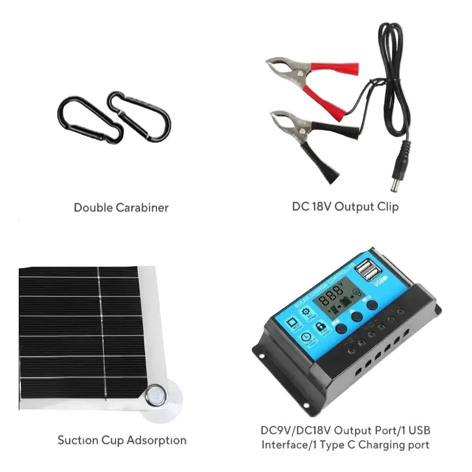 Habicare 100W 12V solar panel kit with controller for RVs, caravans, and home applications, shown with mounting hardware and wiring.