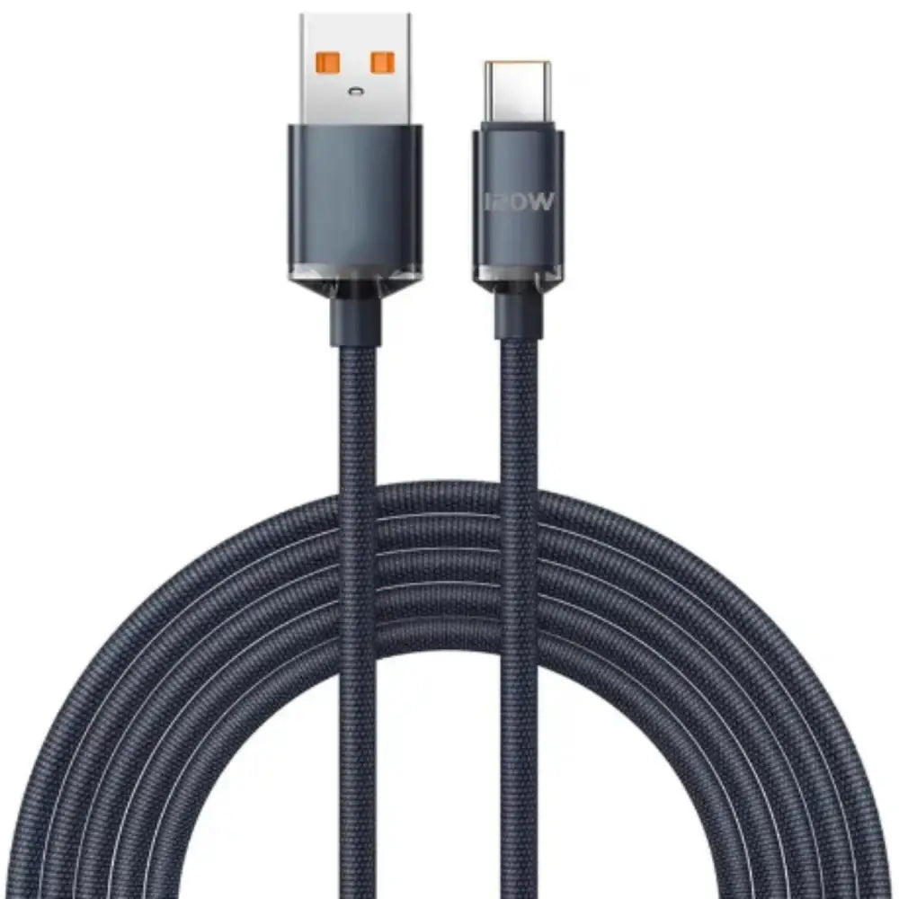 Habicare 9eight5 120W super-fast USB-C charging cable for smartphones, shown with reinforced connectors and braided design.