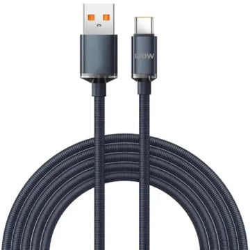 Habicare 9eight5 120W super-fast USB-C charging cable for smartphones, shown with reinforced connectors and braided design.