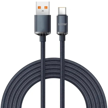 Habicare 9eight5 120W super-fast USB-C charging cable for smartphones, shown with reinforced connectors and braided design.