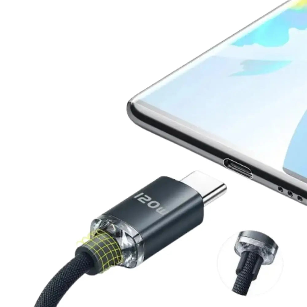 Habicare 9eight5 120W super-fast USB-C charging cable for smartphones, showing the cable and USB-C connector.