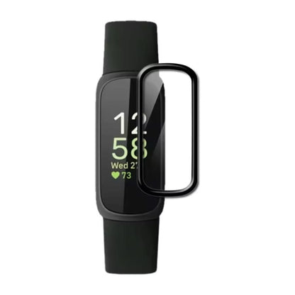 Black Fitbit Inspire 3 screen protector from That Watch Shop shown on a smartwatch display with clear edges and smooth surface.