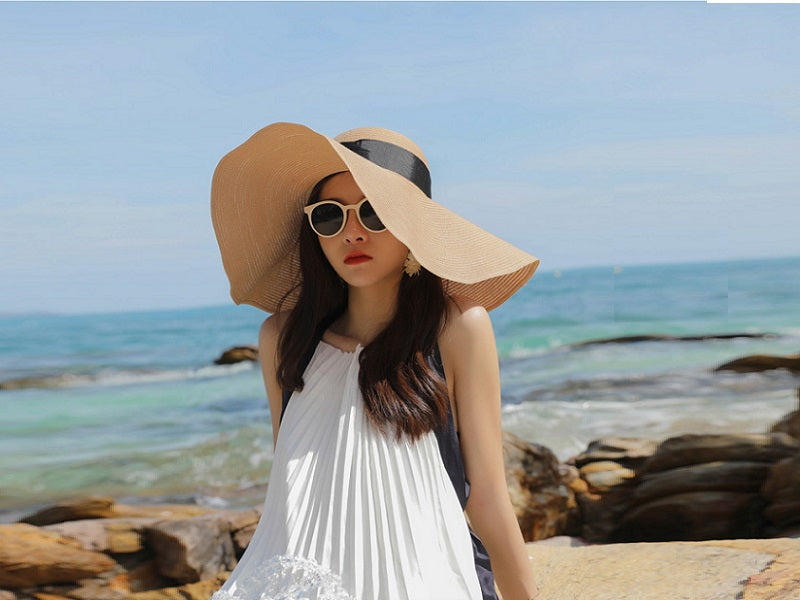 GREY- 16cm Wide Brim Women Lady Sun Straw Hat Floppy Derby Summer Beach Cap dealonline.co.nz
