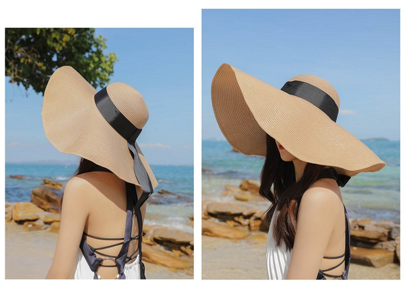 GREY- 16cm Wide Brim Women Lady Sun Straw Hat Floppy Derby Summer Beach Cap dealonline.co.nz