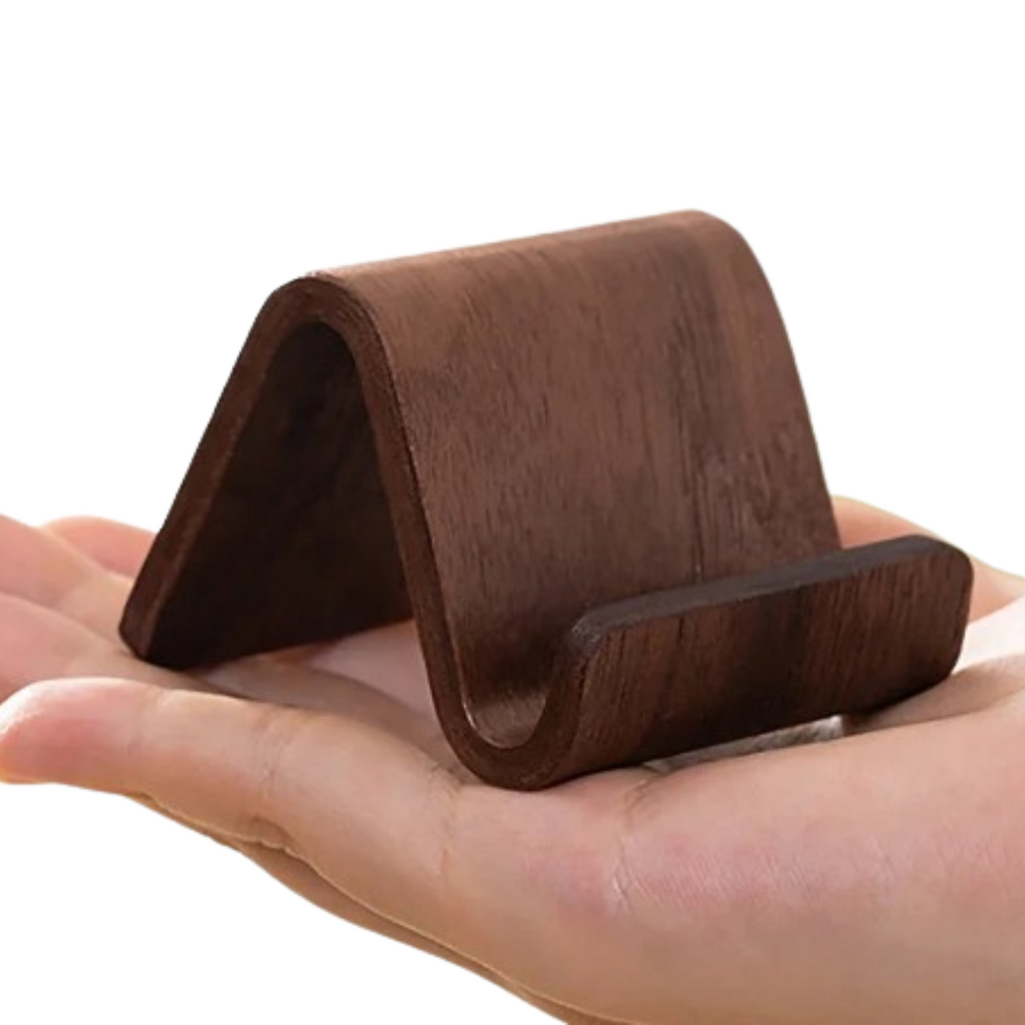 Habicare 9eight5 wooden phone and business card holder in natural wood finish, showcasing two design options for desk organization.