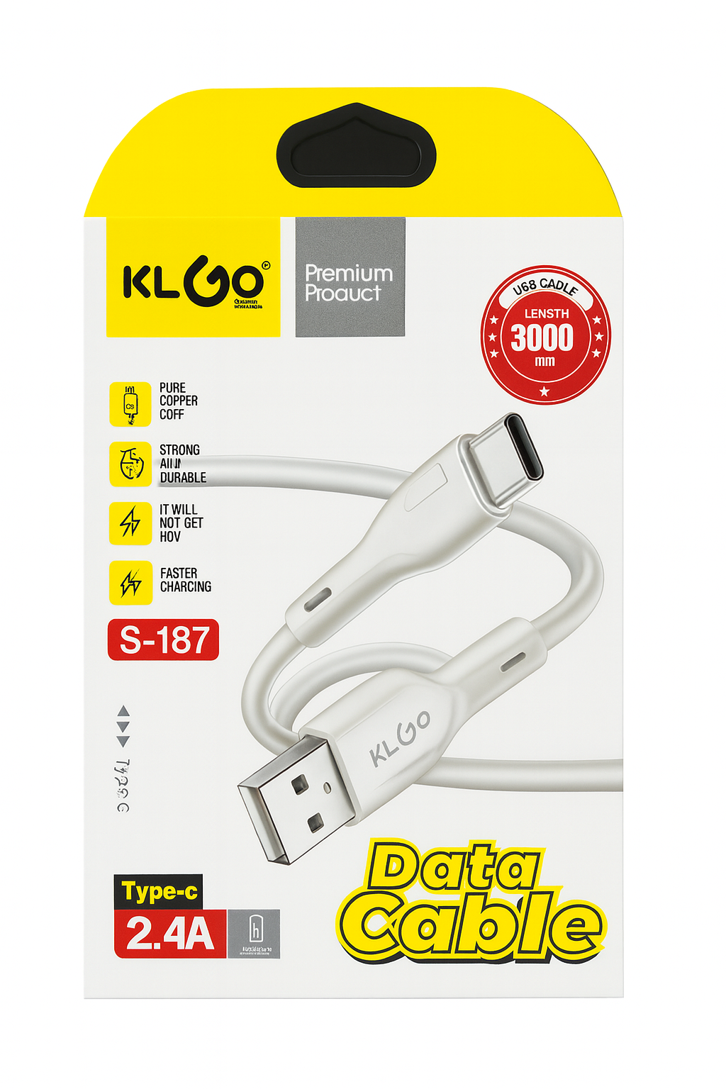 Frankly Cotton KLGO white USB Type C data cable, 3m length, capable of 2.4A charging, branded by Nest & Stem Homewares.