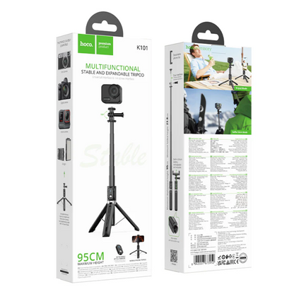 Techplus Bluetooth selfie stick tripod with remote, 95cm extendable, showing adjustable tripod stand and compact design.