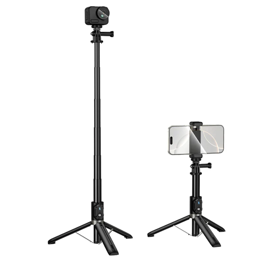 Techplus Bluetooth selfie stick tripod with remote, 95cm extendable, shown with smartphone attached for selfies and videos.