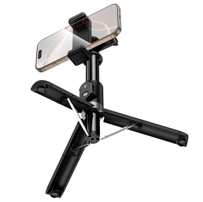 Techplus Bluetooth selfie stick tripod, 95cm with remote, shown extended with smartphone mount in use.