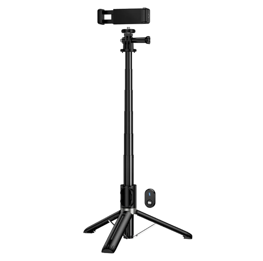 Bluetooth selfie stick tripod with remote, 95cm length, by TechPlus, shown extended with smartphone mounted for selfies.