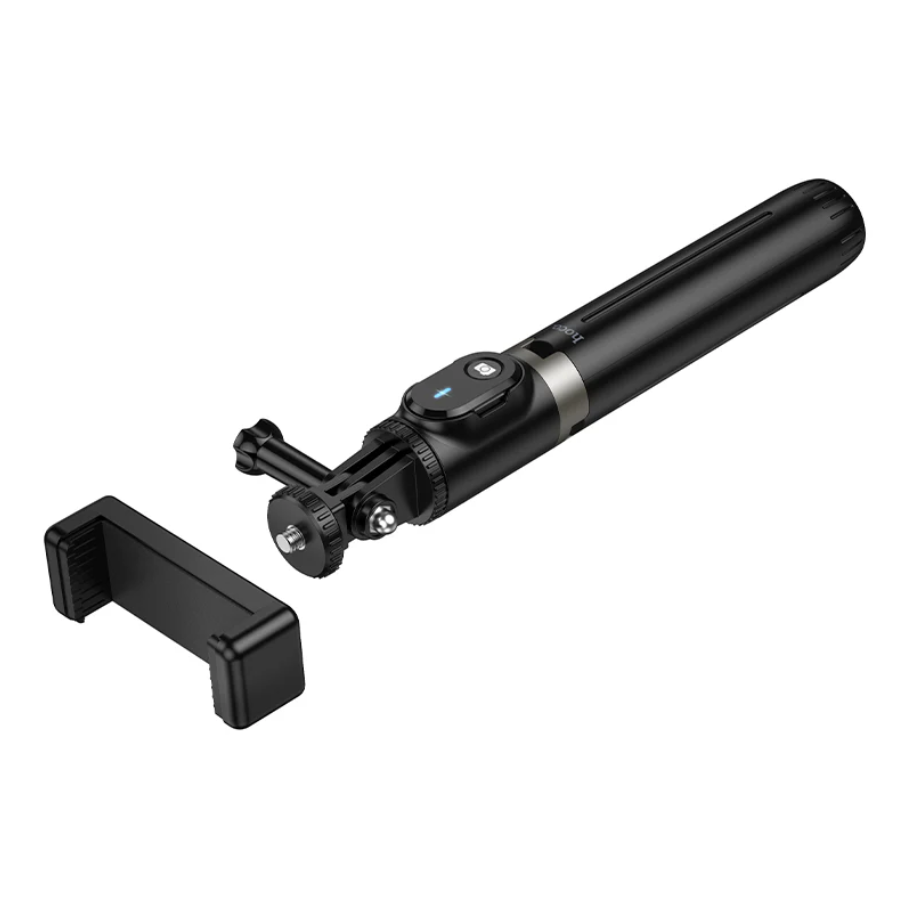 Techplus Bluetooth selfie stick tripod with remote, 95cm extendable, showing adjustable handle and smartphone holder in use.