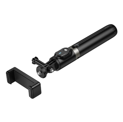 Techplus Bluetooth selfie stick tripod with remote, 95cm extendable, showing adjustable handle and smartphone holder in use.
