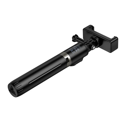 Techplus Bluetooth selfie stick tripod with 95cm extendable arm and remote control, shown in a sleek black design on a white background.