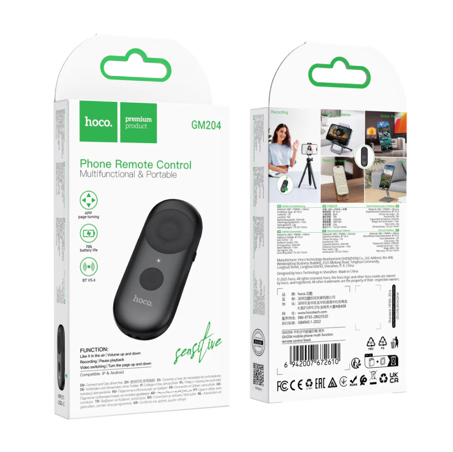 Techplus Bluetooth TikTok remote control for mini phones, compact GM204 model, shown in the image with buttons and sleek design.