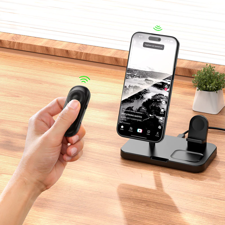 TechPlus Bluetooth TikTok remote control GM204 mini phone remote showing compact design and buttons for media control.