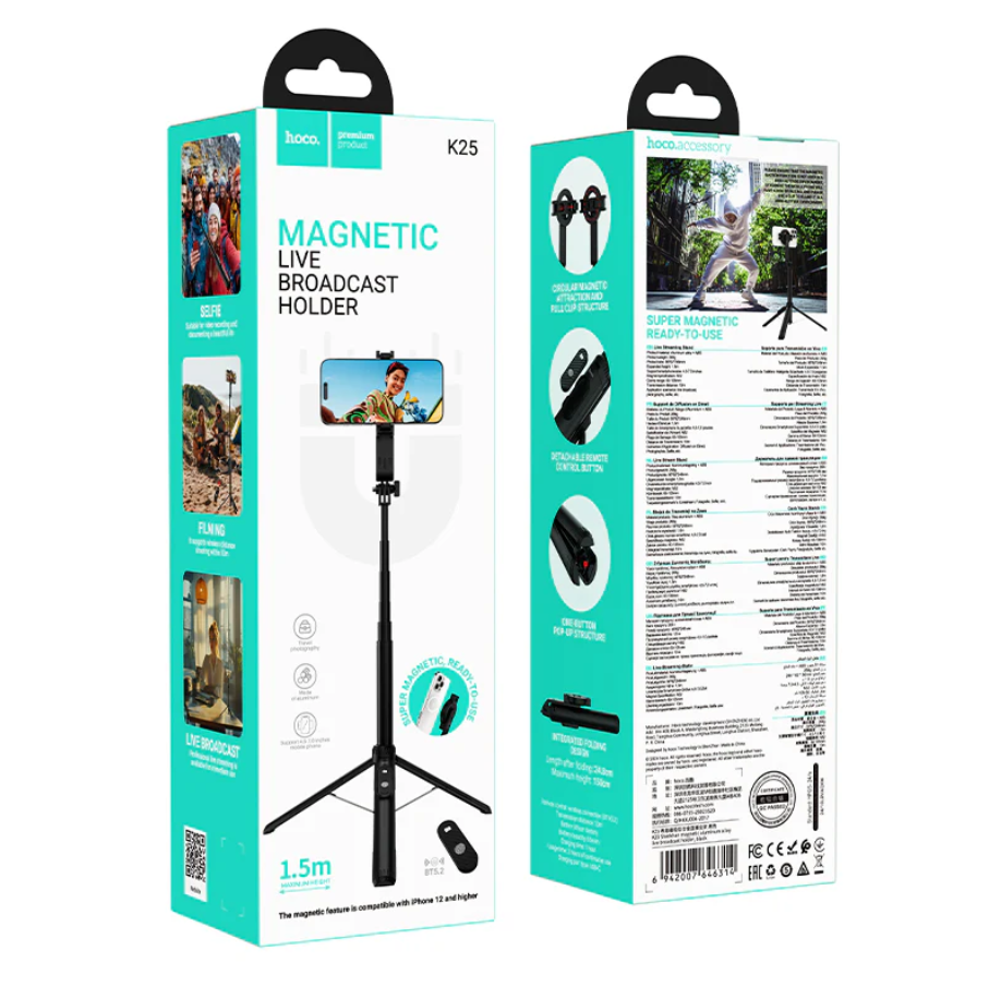 Techplus Hoco Bluetooth selfie stick with 1.5m tripod and magnetic phone holder, ideal for selfies and stable photos.