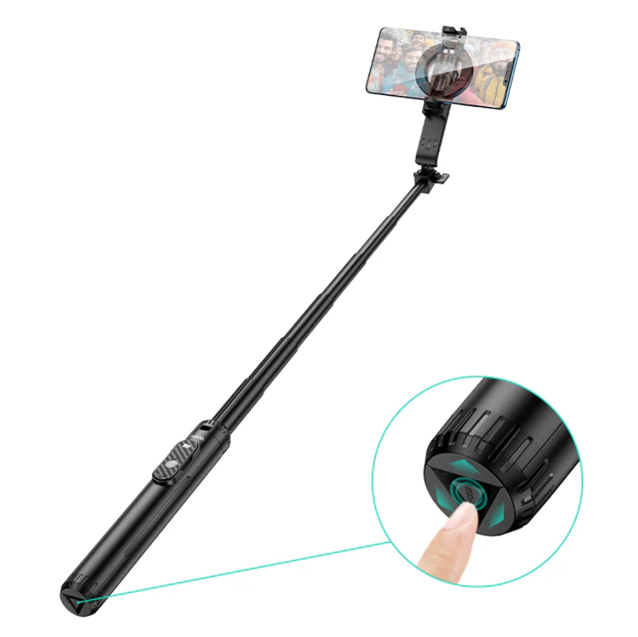 Techplus Hoco Bluetooth selfie stick with 1.5m tripod and magnetic phone holder, shown with smartphone attached for selfies.