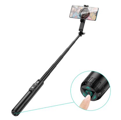 Techplus Hoco Bluetooth selfie stick with 1.5m tripod and magnetic phone holder, shown with smartphone attached for selfies.