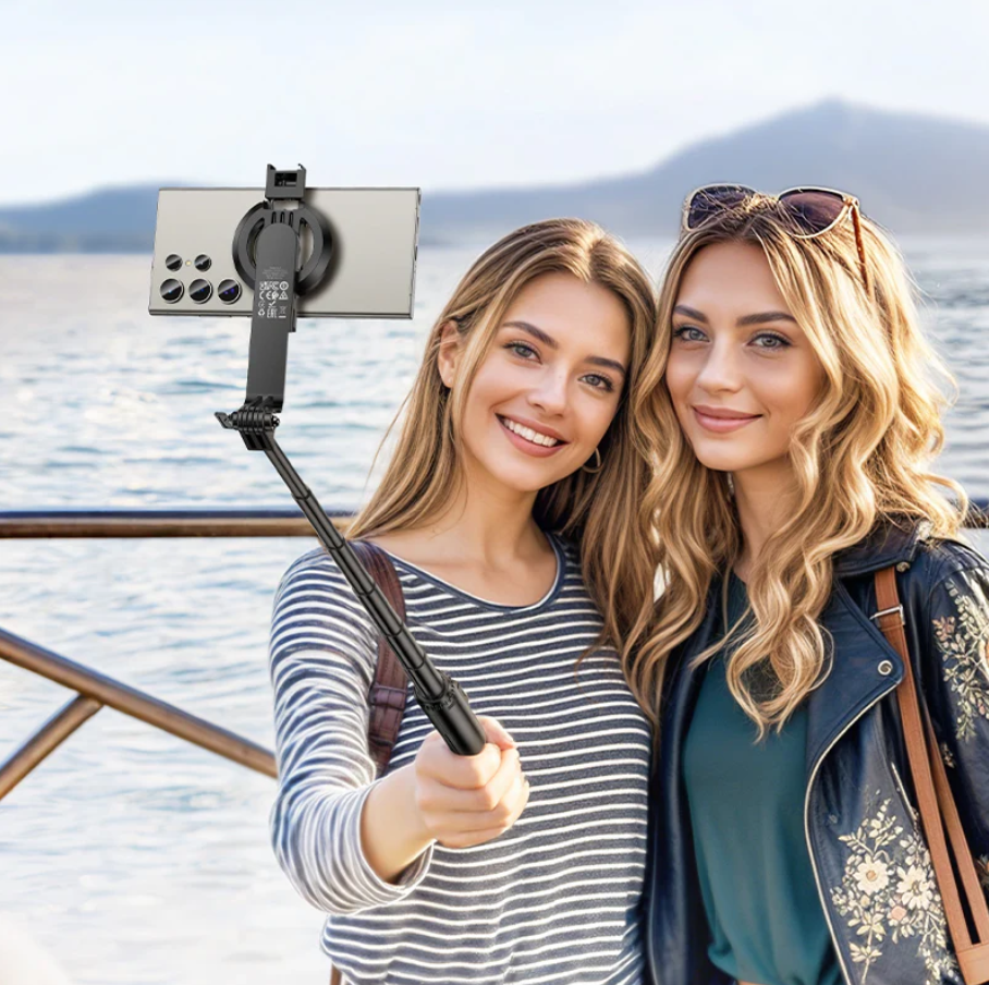 Techplus Hoco Bluetooth selfie stick with 1.5m tripod and magnetic phone holder, shown with smartphone attached for selfies.