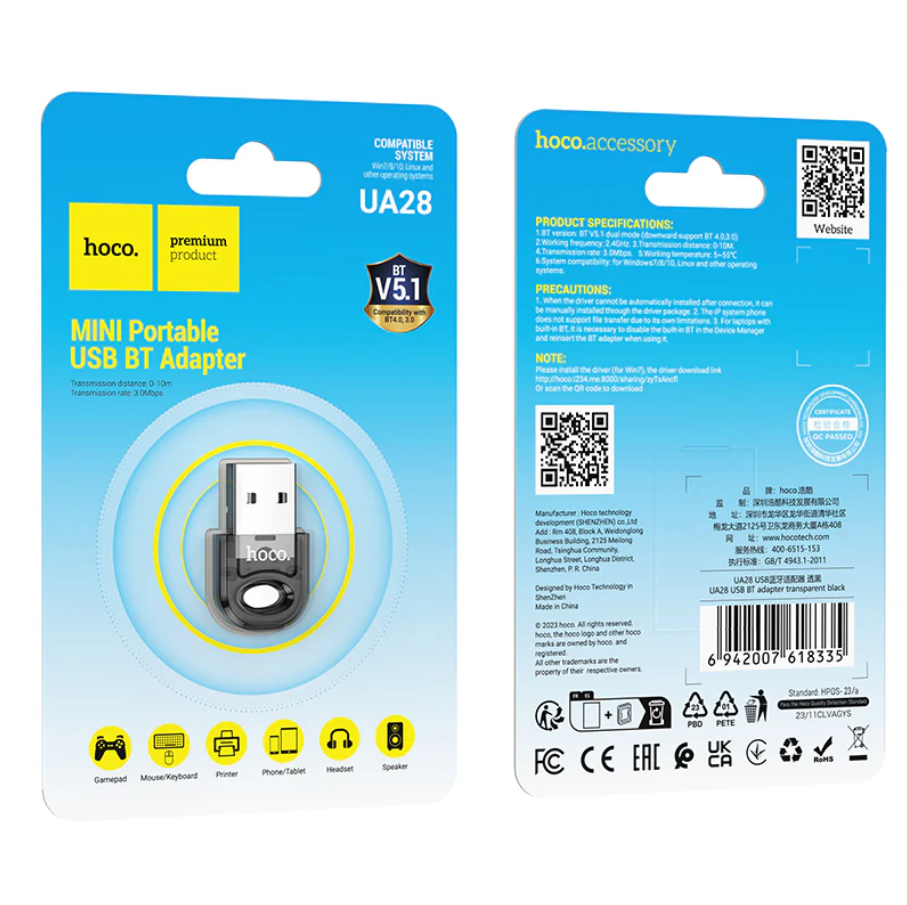 Hoco USB Bluetooth Receiver Adaptor Wireless Dongle (UA28) techplus