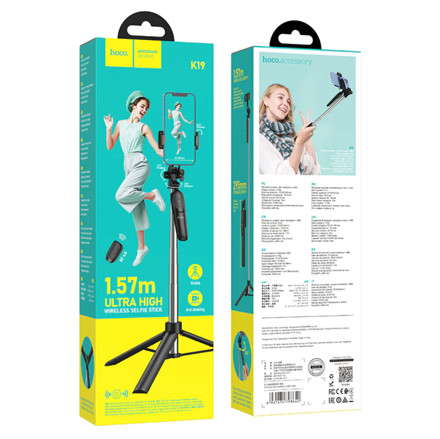 Techplus Hoco Bluetooth selfie stick with 1.57m tripod stand, adjustable for smartphones, black and compact design.