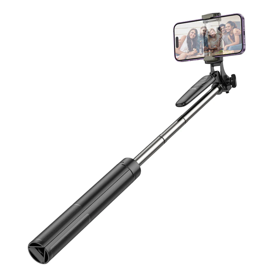 TechPlus Hoco Premium Bluetooth Selfie Stick with 1.57m tripod stand, showing the extendable selfie stick and tripod setup.
