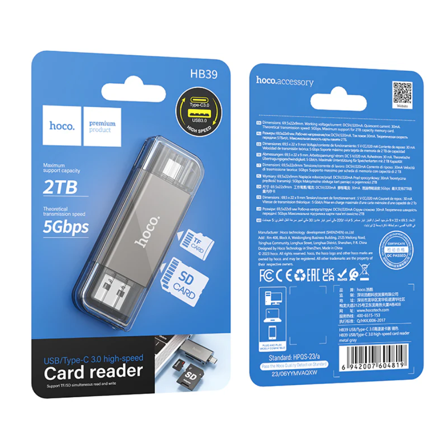 Techplus Hoco USB 3.0 Memory Card Reader with USB-A and USB-C dual plugs, designed for fast data transfer.