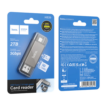 Techplus Hoco USB 3.0 Memory Card Reader with USB-A and USB-C dual plugs, designed for fast data transfer.