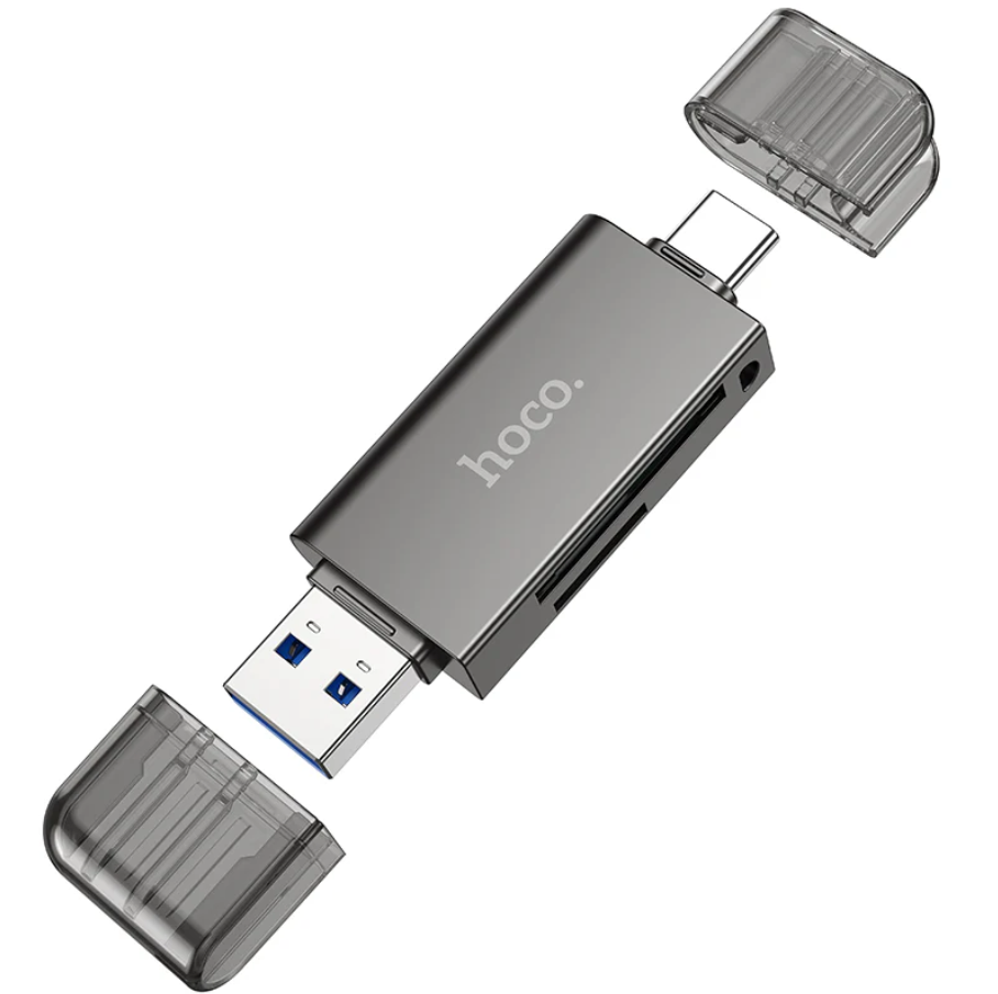 Techplus Hoco USB 3.0 Memory Card Reader with USB-A and USB-C dual plugs, compact and portable for easy data transfer.